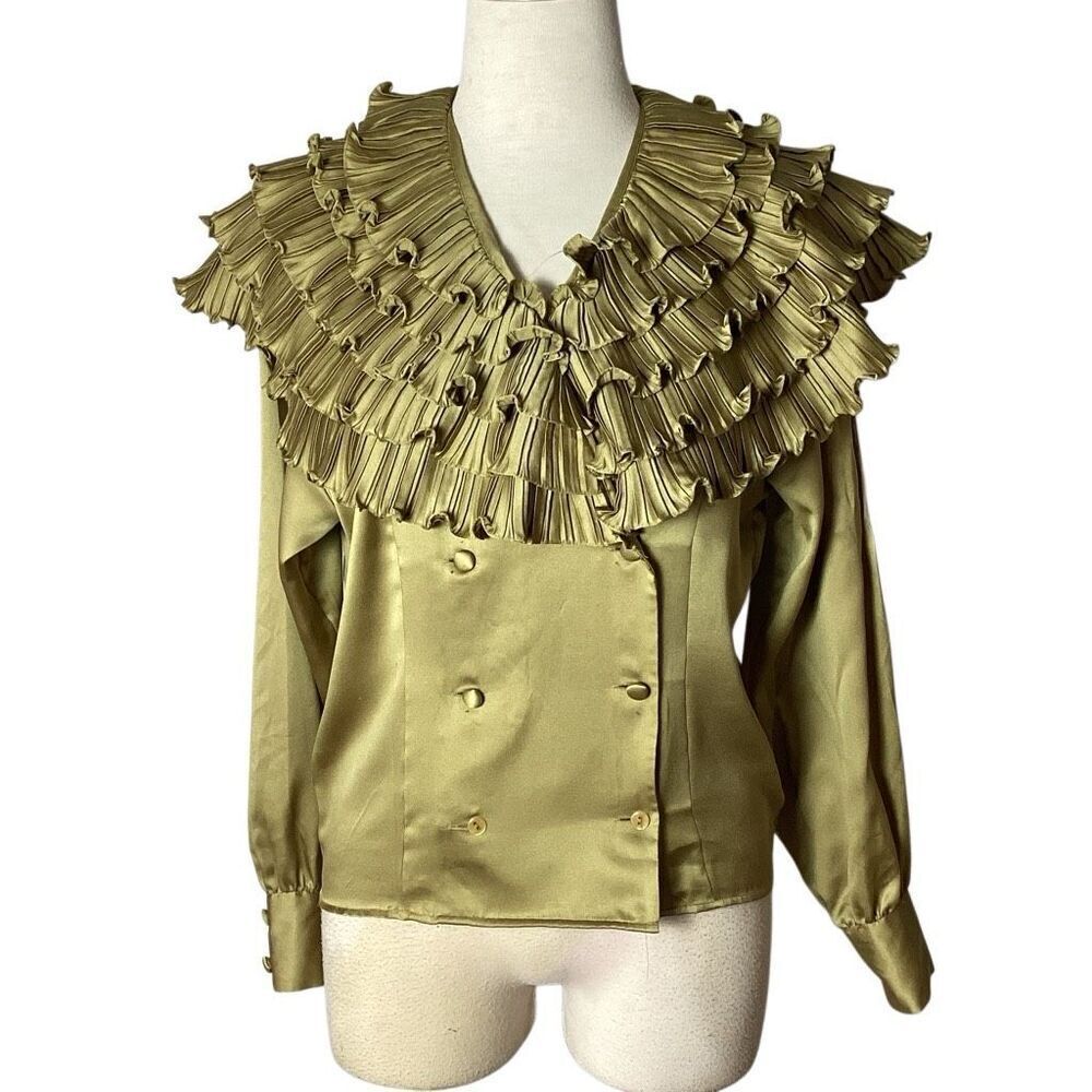Vintage Classiques Ruffle Blouse 80’s Women’s 6 Olive Green